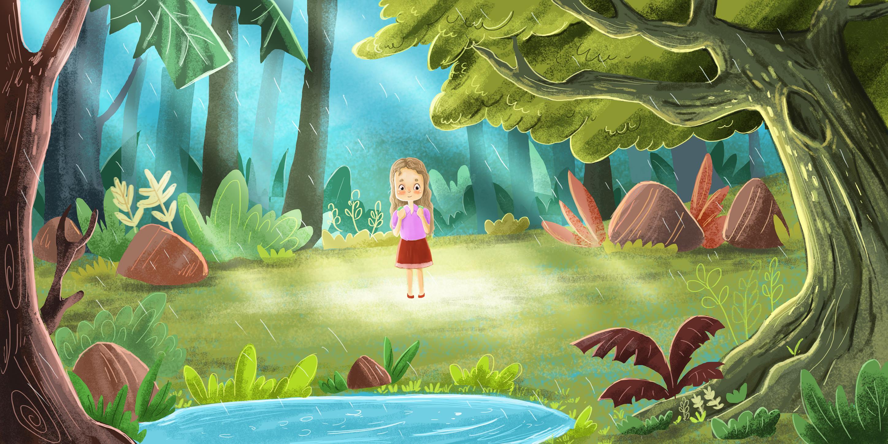 Girl in forest illustration by Nejla Shojaie